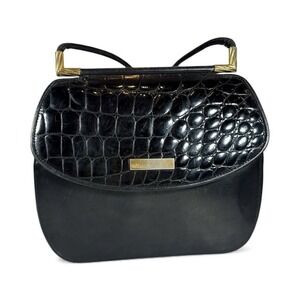 Vintage Shoulder Bag Croc Black‎ Leather 90s Y2K Italy Cocktail Elegant Evening